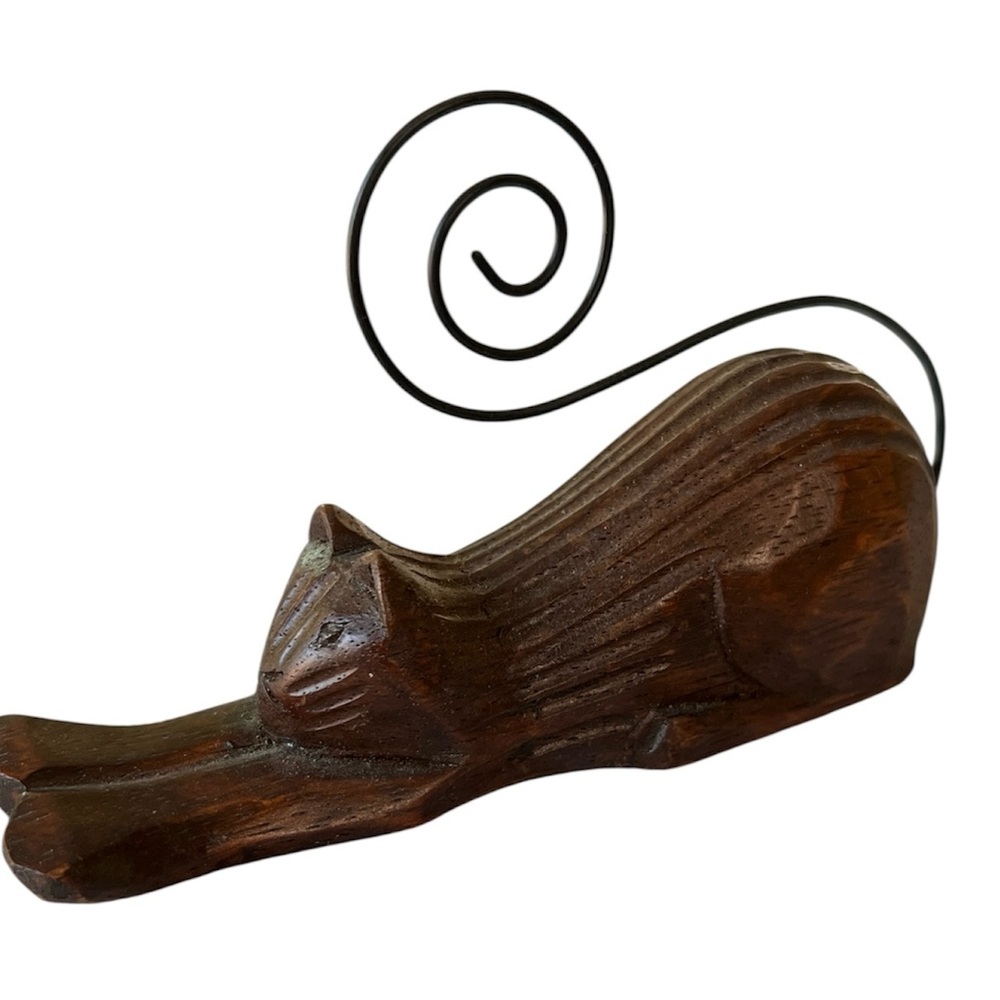 Wooden Cat Figurine Spiral Tail Note Card Holder Kitten Hand Carved